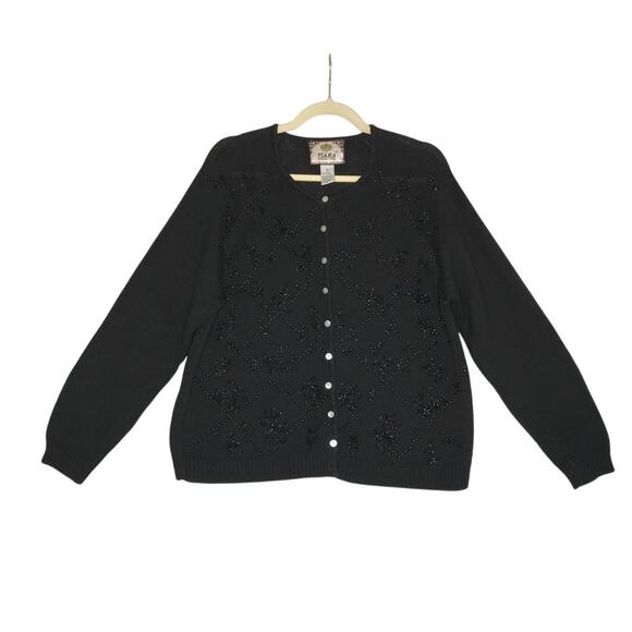 TIARA Embroidery Knit Cardigan Women XL Black Retro Nostalgia VTG Clasic Holiday - Picture 1 of 9